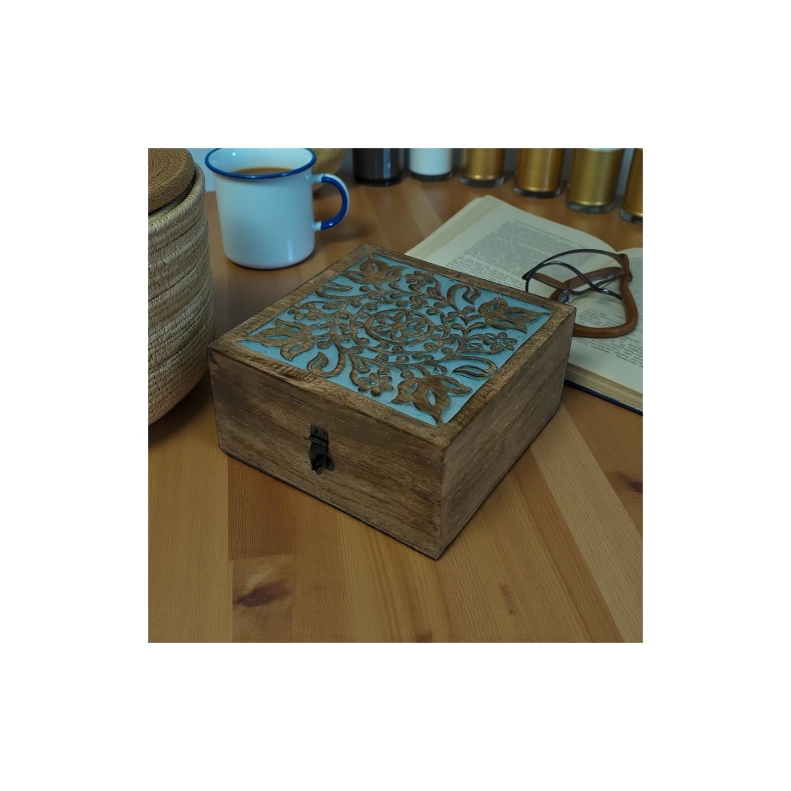 Midnight Garden Medium Carved Box-Turquoise Wash